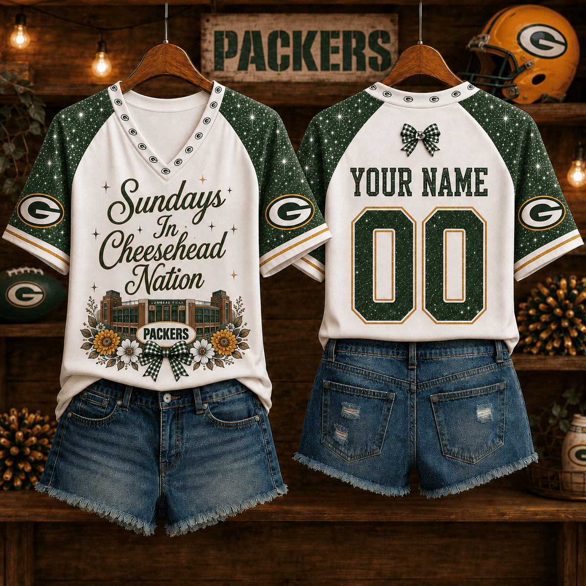NFL x GB Sundays in Nation Custom Name V-neck Shirt