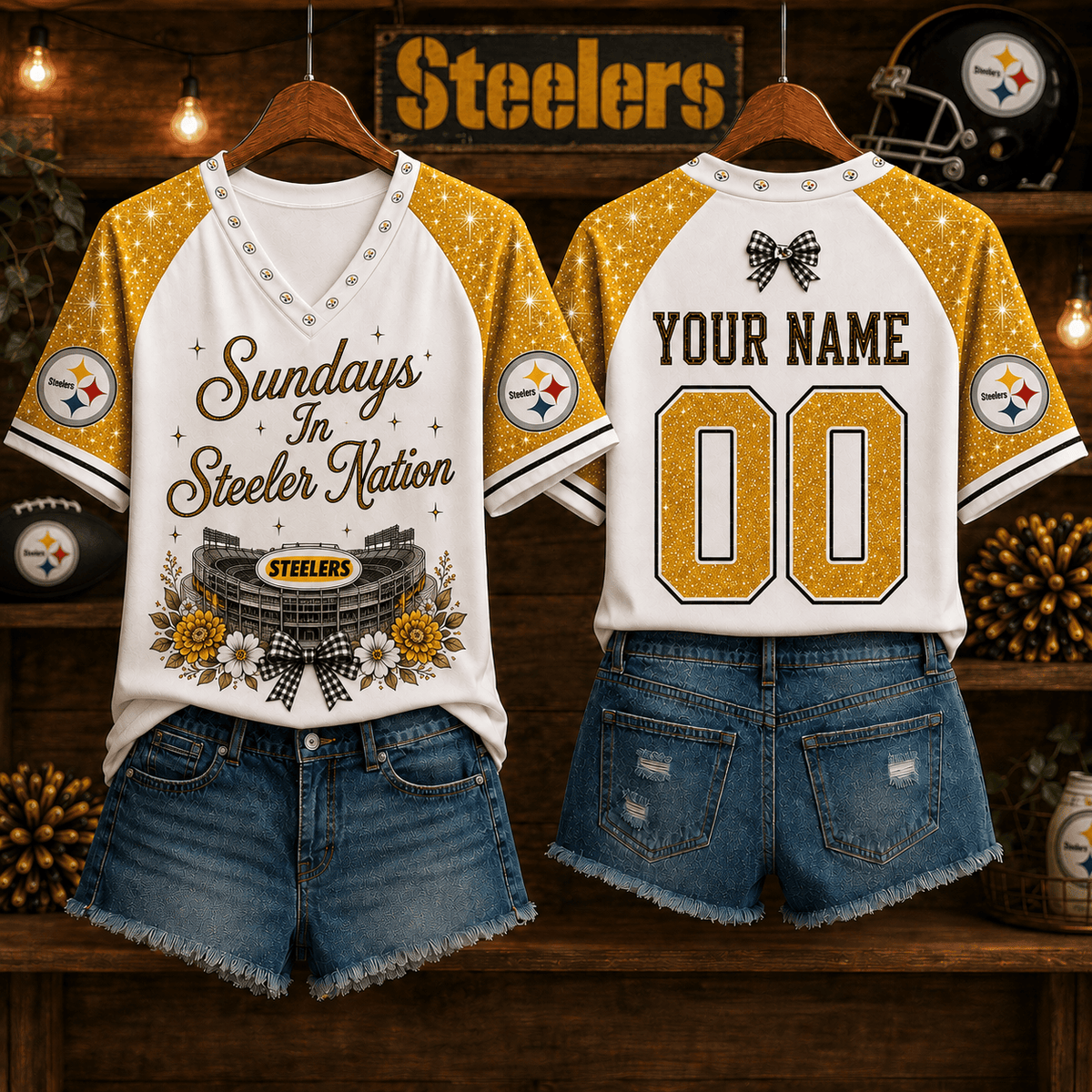 NFL x PIT Sundays in Nation Custom Name V-neck Shirt