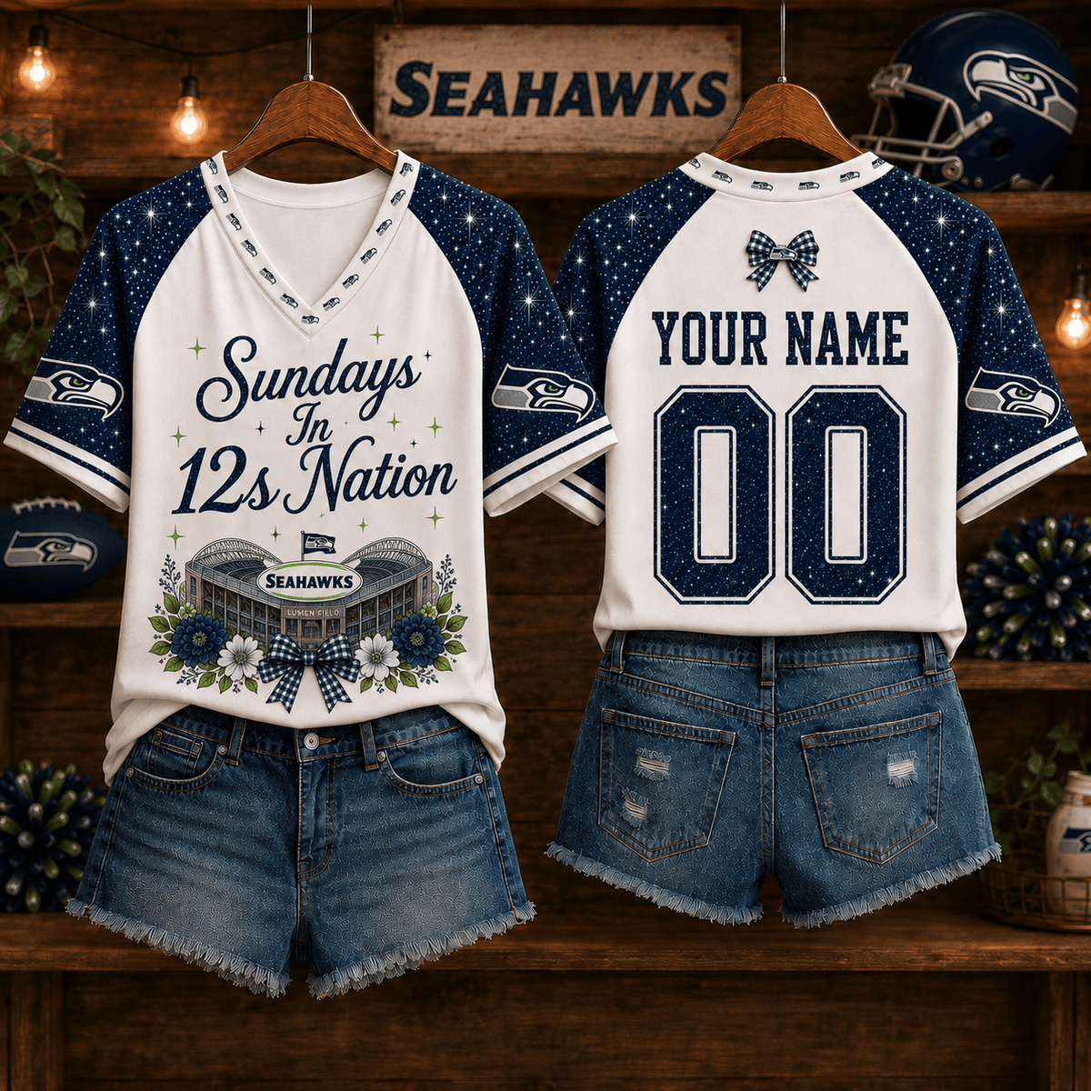 NFL x SEA Sundays in Nation Custom Name V-neck Shirt