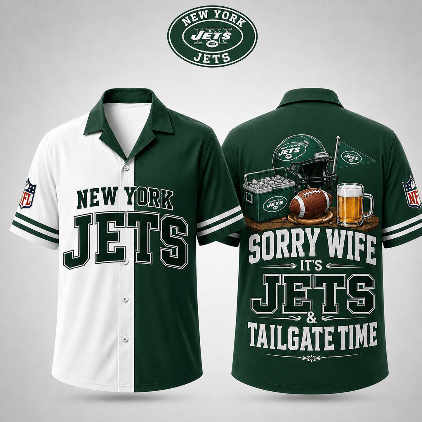 Premium NFL x NYJ Funny Football Fan Hawaiian Shirt Sorry Wife It's Tailgate Time Button 300626