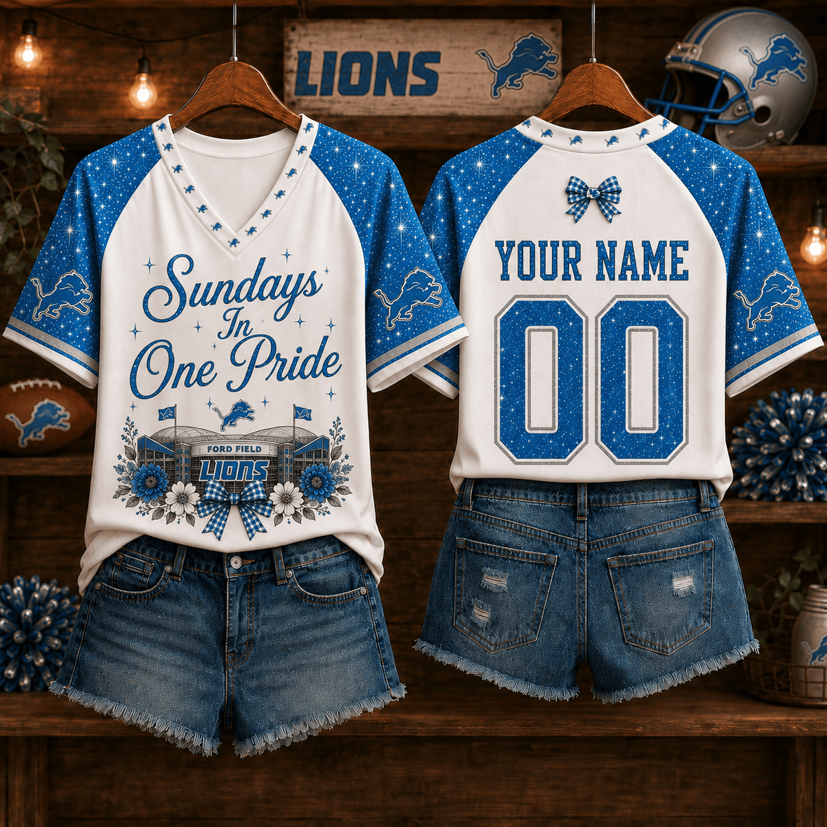 NFL x DET Sundays in Nation Custom Name V-neck Shirt
