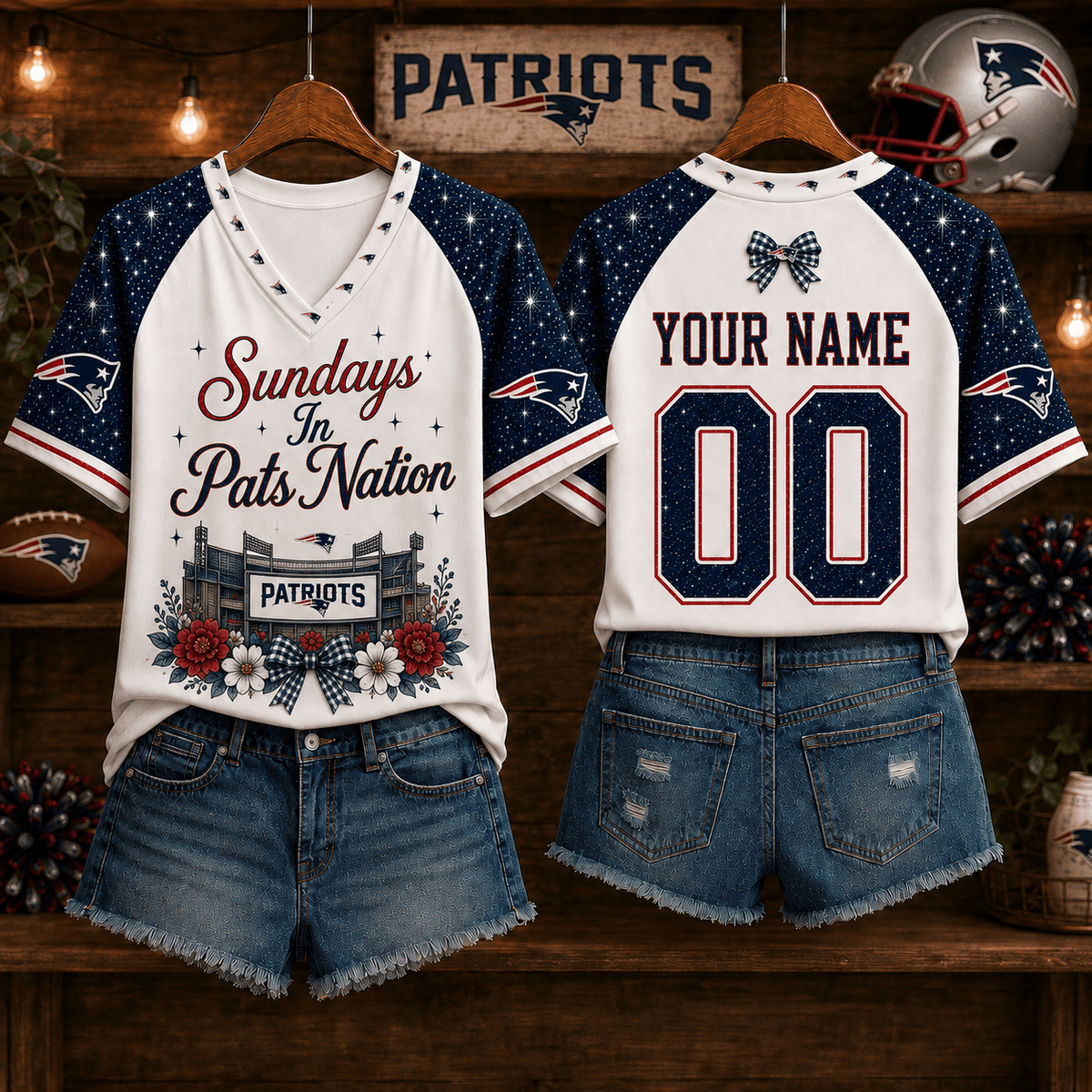 NFL x NE Sundays in Nation Custom Name V-neck Shirt
