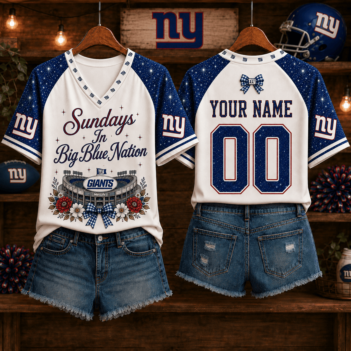 NFL x NYG Sundays in Nation Custom Name V-neck Shirt