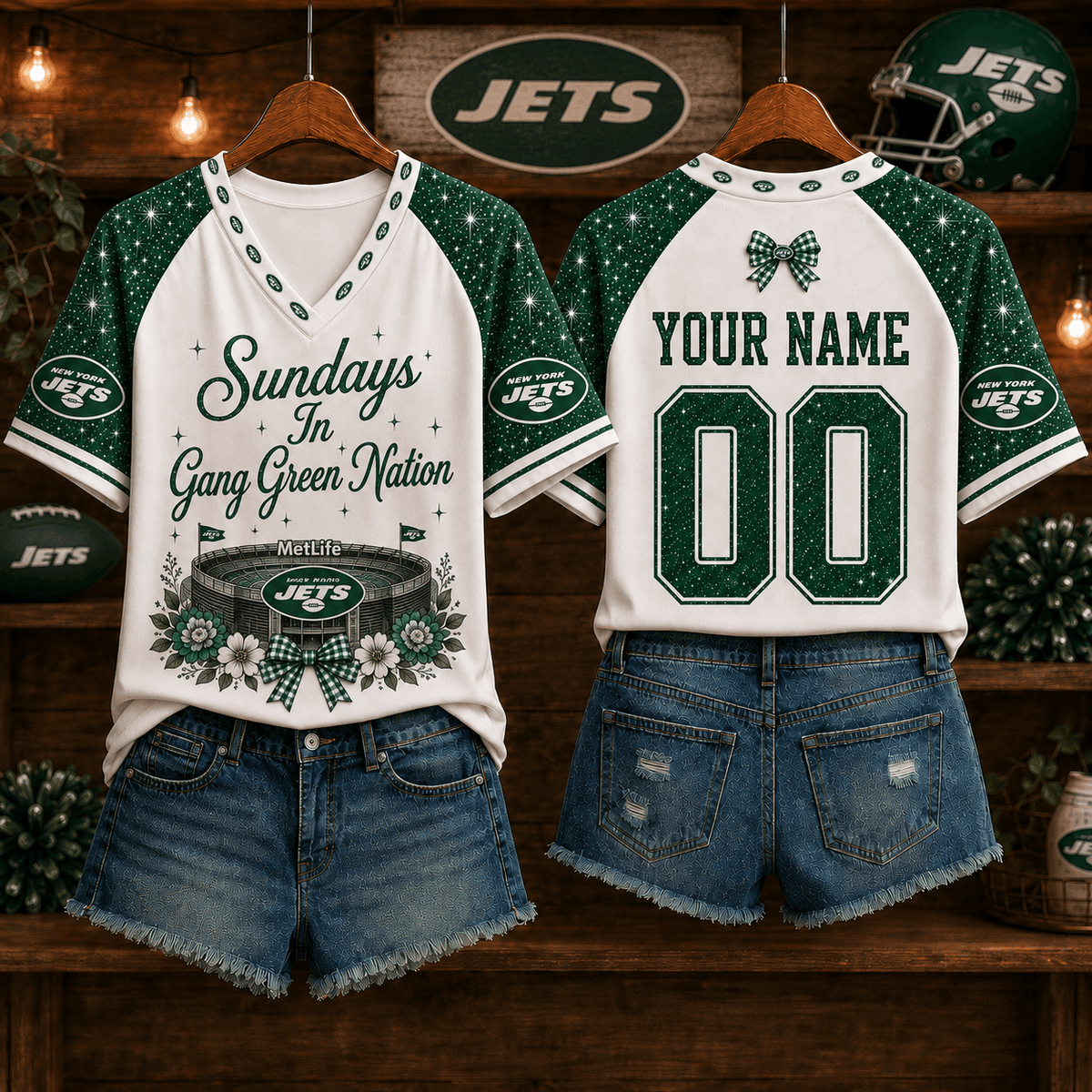 NFL x NYJ Sundays in Nation Custom Name V-neck Shirt