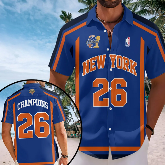 NYK x NBA Finals Champions 2026 Short Sleeve Button-Down Shirt 1606 Blue